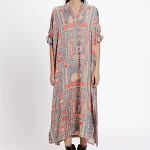 Doh Tak Keh Handcrafted Vintage Stamp Print Blue/Gray and Red Maxi Dress